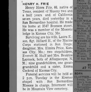 Obituary for Henry Hines FRIE