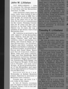 John W. Littleton Obituary. The San Bernardino County Sun (San Bernardino, California) 16 Sep 1986