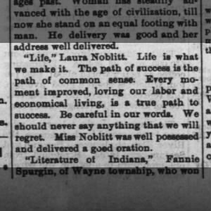 Laura Noblitt oration summary 8/10/1893