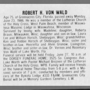 Obituary for ROBERT H. VON WALD