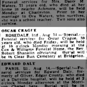 Oscar Crague funeral notice