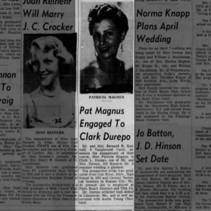 Patricia Magnus engagement to Clark Durepo

(Clark marries in Atlanta in 1961 to someone else)