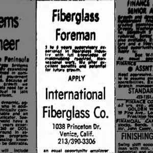 Hiring fiberglass foreman 1970 IFC