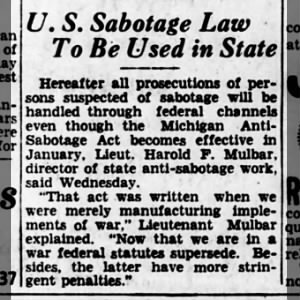 U.S. Sabotage Law and Lt. Harold F. Mulbar Dir of Anti-Sabotage