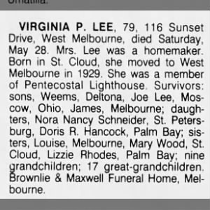 Obituary for  VIRGINIA P. LEE