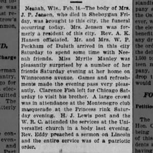 Mrs. J. P. Jensen obituary in the Oshkosh Northwestern Mon. Feb 15, 1897