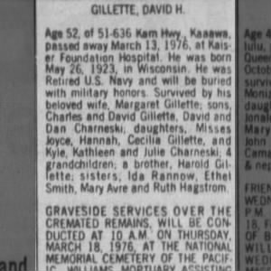 Obituary for DAVID H. GILLETTE
