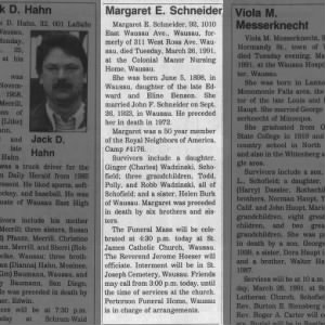 Obituary of Margaret E Benson Schneider 26 Mar 1991