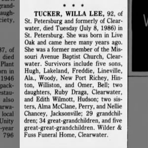 Obituary for WILLA LEE TUCKER