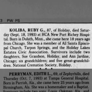 Obituary for RUBY G. KOLIBA