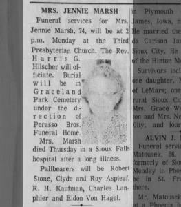 Obituary for JENNIE MARSH
