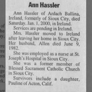Obituary for Ann Hassler