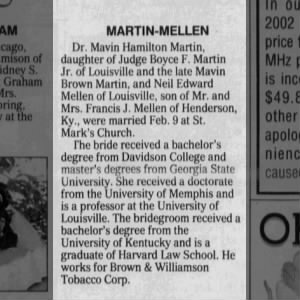 Wedding of Neil and Miss Marvin H. Martin announced in The Courier-Journal on March 10, 2002