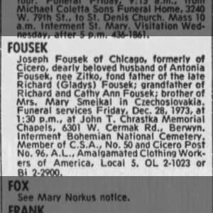 Obituary for Joseph Fousek