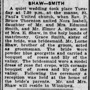 marriage of  Elmer A Shaw 1927  Winnipeg Tribume