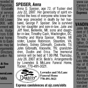 Anna Branch Gilbreath obituary, The Atlanta Constitution (GA) 25 Jul 2007 pg B7