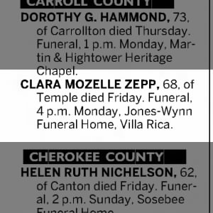Obituary for CLARA MOZELLE ZEPP