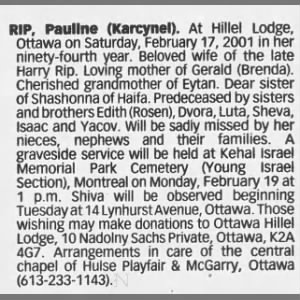 Obituary for Pauline RIP