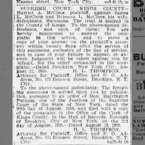 Harriet A McClees suit against James L and Rebecca L McClees Sept 8 1910