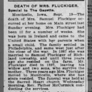 Mrs. Samuel Fluckiger died 16 Sep 1912