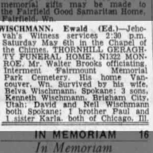 Ewald Wischmann Obituary
