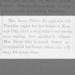 Mrs Isaac Pierce Jr returns to Kansas