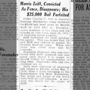 Appeal Denied 2/23/1927 - Zeiff's failure to appear in court 2/28/1927 forfeits bond 