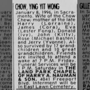 Obituary for YING YIT CHOW WONG