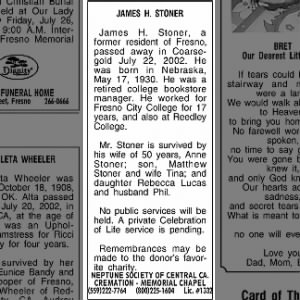 Obituary for JAMES H. STONER