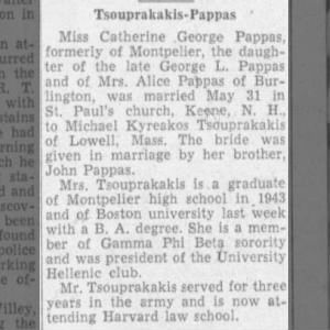 Catherine George Pappas and Michael Kyreakos Tsouprakakis marriage 31 May 1947