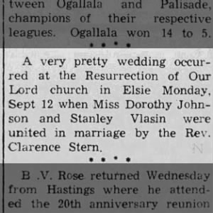 Wedding occurred Sep 12 when Miss Dorothy Johnson and Stanley Vlasin were united in marriage