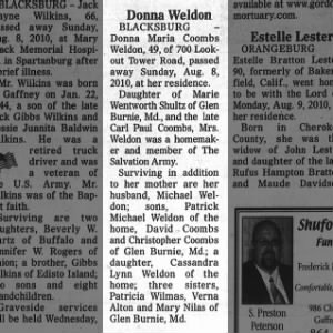 obituary Donna Maria Coombs Weldon