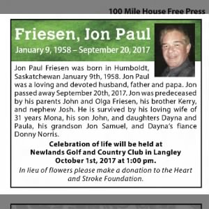 Obituary for Jon Paul Friesen Paul