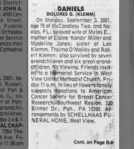 Dolores G Klemm Daniels 5 September 2001 death notice, "Pittsburgh Post-Gazette"